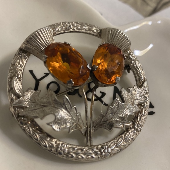 Sterling Silver Gold Rhinestone Thistle Brooch - Picture 3 of 3